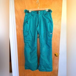 Ride women's snowboarding pants, teal and black plaid